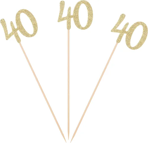 Paquete de 10 palitos dorados con purpurina para centro de mesa de cumpleaños de 40 años, decoración de letras de edad