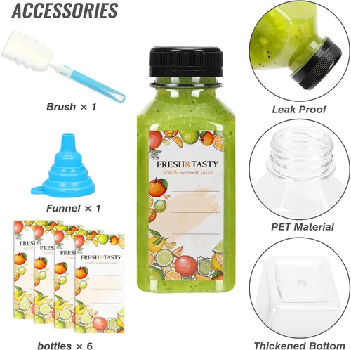 Miniatura 3 de TOMNK 6 botellas de plástico de 8 onzas con tapas, botellas transparentes vacías reutilizables con etiqueta, embudo y cepillo, recipientes