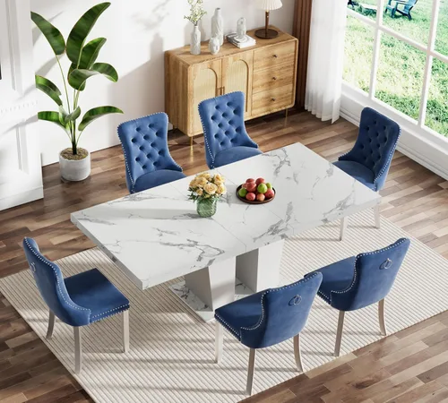 Miniatura 113 de Juego de mesa de comedor extensible marrón de 63 a 78.74 pulgadas para 4, juego de mesa de comedor de 5 piezas con 4 sillas, mesa de cocina