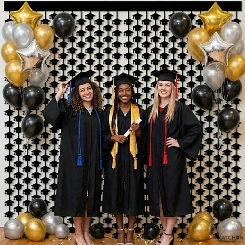 Miniatura 3 de Decoraciones de graduación 2026 – Paquete de 2, 3.3 x 6.5 pies, cortina de flecos de lámina metálica con tapa de graduación, decoraciones de gorra