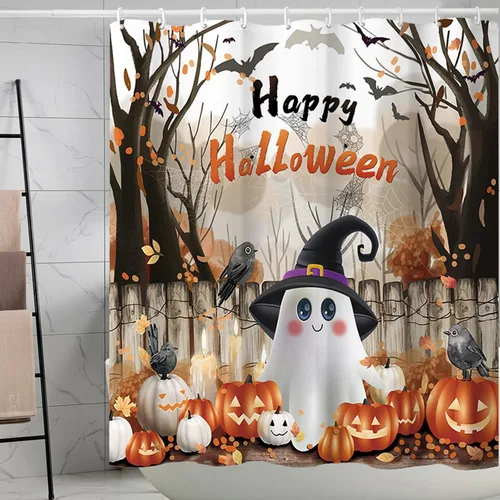 Cortina de ducha de Halloween con fantasmas felices, cortina de baño espeluznante de calabaza malvada y murciélago, hojas de otoño, cortinas