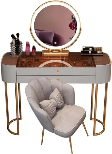 Miniatura 8 de Escritorio de tocador con espejo de luces regulables, mesa de tocador de maquillaje con 2 cajones y mesa de cristal, juego de mesa de tocador