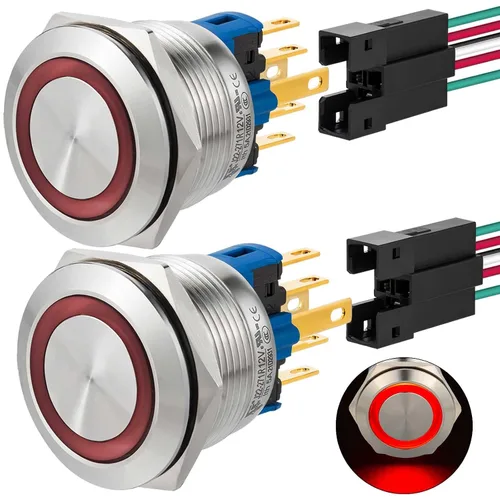 Miniatura 9 de 2 interruptores de botón de cierre de 0.866 in, 7/8 pulgadas, 110 V-120 V, SPDT, interruptor de encendido y apagado, impermeable, IP67, acero Azul