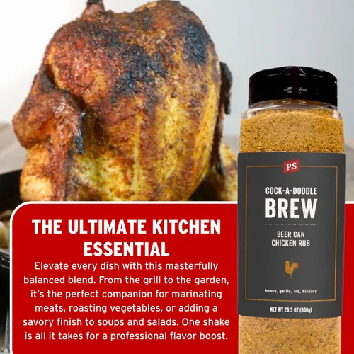 Miniatura 4 de PS Seasoning Cock-A-Doodle Brew - Condimento y Rub para Pollo en Lata de Cerveza para Ahumado y Asado - Mezcla seca de Ajo, Paprika, Ale de Miel