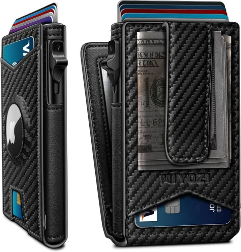 Miniatura 18 de miyozi Airtag - Cartera para hombre con clip para dinero, 9 tarjetas, con ventana de identificación, bloqueo RFID, funda de metal, cierre magnético