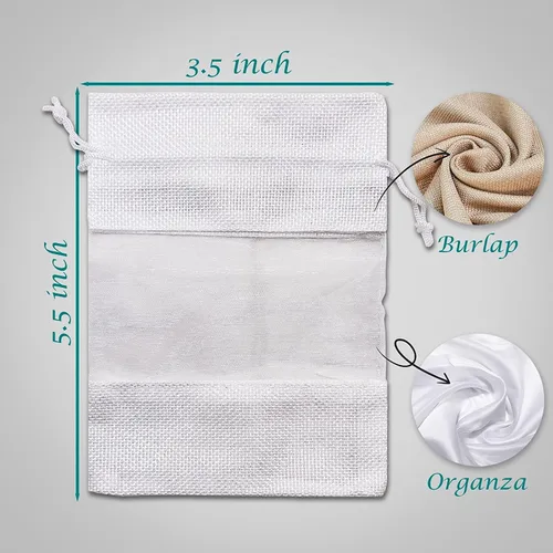 Miniatura 3 de Paquete de 48 bolsas de regalo pequeñas de lino, arpillera y organza con cordones (3.5 x 5.5 pulgadas, blanco) - Recuerdos de fiesta, regalos