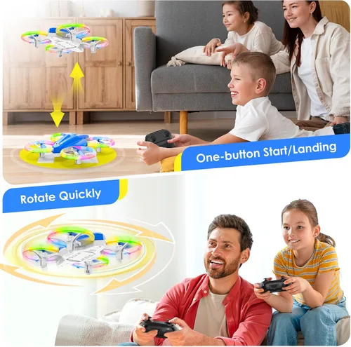 Miniatura 6 de Dron para niños y principiantes con luz LED, pequeño dron de interior con luces RC, voltereta de 360, 2 baterías, juguete volador para niños, regalo