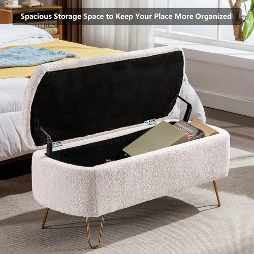 Miniatura 4 de mikibama Banco otomano de piel sintética de 38.9 pulgadas con diseño de sherpa, para ventana, banco de entrada, otomanos con patas de metal dorado