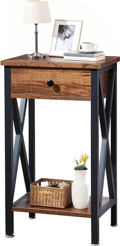 VECELO Mesitas de noche modernas y versátiles con diseño en X, mesa auxiliar lateral con cesta de almacenamiento, mesita de noche con estante de
