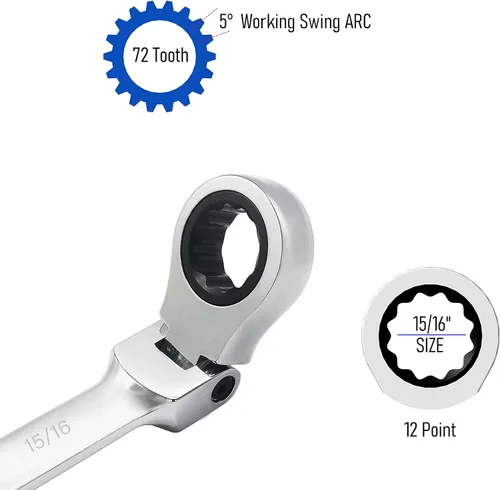 Miniatura 3 de Llave combinada de trinquete de cabeza flexible de 15/16 pulgadas SAE 72 dientes de 12 puntos de trinquete de caja de trinquete y herramientas