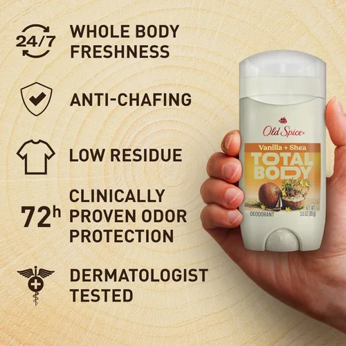 Miniatura 3 de Old Spice Desodorante en barra para todo el cuerpo para hombres, sin aluminio, aroma a vainilla + manteca de karité, protección contra el olor 24/7