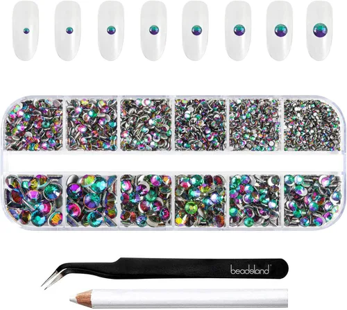 Miniatura 27 de Beadsland Diamantes de imitación para maquillaje, 8 tamaños, 2500 unidades de diamantes de imitación de cristal con parte trasera plana, gemas