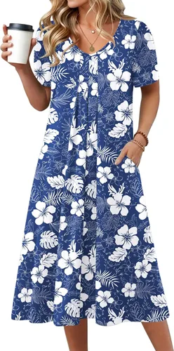 Miniatura 11 de Zeagoo Vestido de verano para mujer, casual, floral, midi, con bolsillos, cuello en V, plisado, manga corta, estilo alineado, para vacaciones