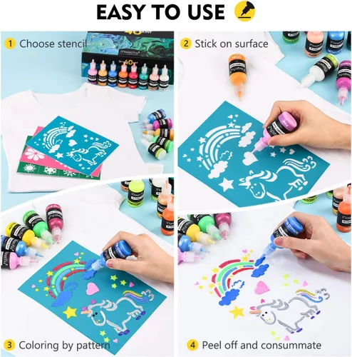 Miniatura 7 de Magicfly Pintura permanente para tela 3D, 40 colores, pintura de tela con colores vibrantes, 3 pinceles y plantillas adicionales, ideal