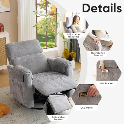 Miniatura 9 de Silla reclinable eléctrica extragrande, sillón basculante giratorio de 26" extra ancho con reposacabezas ajustable, silla de chenilla para guardería