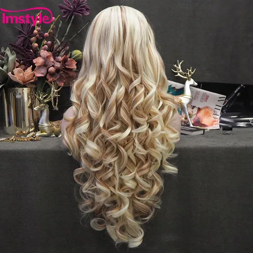 Miniatura 5 de IMSTYLE Pelucas sintéticas largas con encaje frontal de color piano castaño y rubio para mujer, peluca gruesa sintética resistente al calor