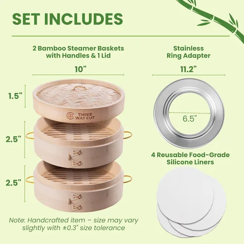 Miniatura 2 de Cesta para cocinar al vapor de bambú de 25 cm, 2 niveles, con mango, adaptador de anillo, forro de silicona reutilizable, kit para cocinar