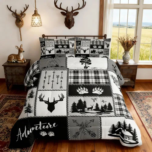Miniatura 59 de Juego de edredón de cuernos de ciervo tamaño individual, juego de ropa de cama rústica de granja con huellas de oso y pinos para decoración