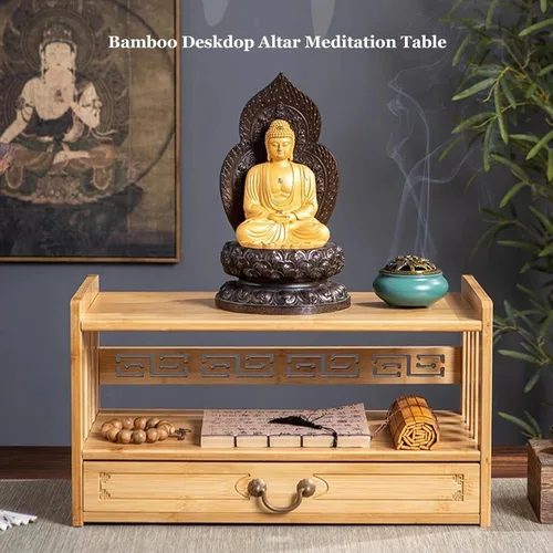 Miniatura 4 de HULKI Mesa de meditación de altar con almacenamiento, mesa de altar de 3 niveles para puja espiritual con cajón, mesa de meditación
