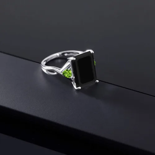 Miniatura 4 de Gem Stone King 7.12 Ct Emerald Cut Black Onyx Green Peridot 10K White Gold 3 Stone Women Ring