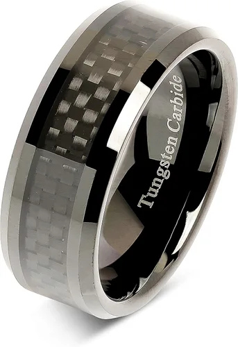 100S JEWELRY Anillo de carburo de tungsteno de 0.315in con incrustaciones de fibra de carbono, chapado en negro, talla 6-16, Tungsteno
