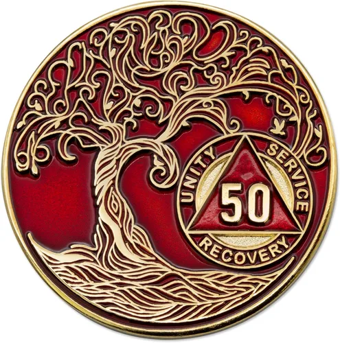 Miniatura 108 de 20 Year Sobriety Mint Twisted Tree of Life - Medallón de recuperación AA chapado en oro, fichas y fichas, color negro