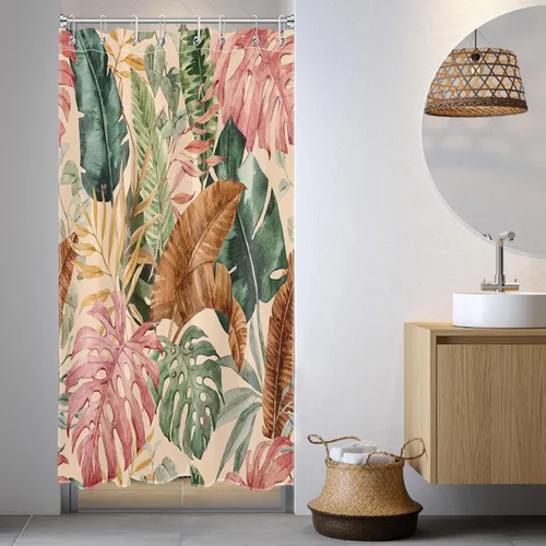 LB Cortina de ducha tropical de otoño para baño, colorida palma de Monstera con hoja de plátano sobre tela beige con ganchos, juego de cortina de