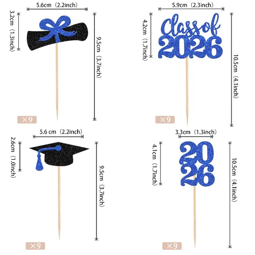 Miniatura 2 de 36 piezas 2026 decoraciones temáticas de graduación 2026 con purpurina para la clase de 2026 para graduación, diploma de graduación 2026, Azul