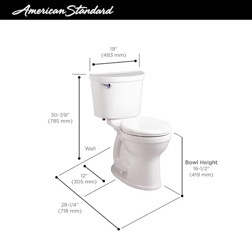 Miniatura 3 de American Standard 211BA104.020 Champion PRO Inodoro de dos piezas, Frente redondo, Altura de la silla, Blanco, 1.28 gpf Palanca de viaje cromada