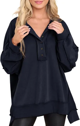 Miniatura 58 de AlvaQ - Sudadera de gran tamaño para mujer, informal, de manga larga, con botones y cuello Henley, tipo túnica