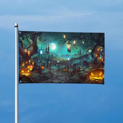 Miniatura 2 de Bandera de Nightmar Before Christmas con temática de Nightmar y luna llena, telón de fondo para fiesta temática de calabazas, decoración para colgar