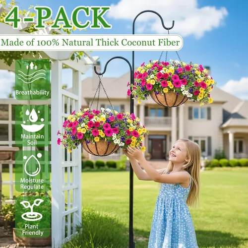 Miniatura 3 de Macetas colgantes para plantas de exterior, paquete de 4 cestas colgantes de metal de 12 pulgadas con forro de fibra de coco y alambre para plantas