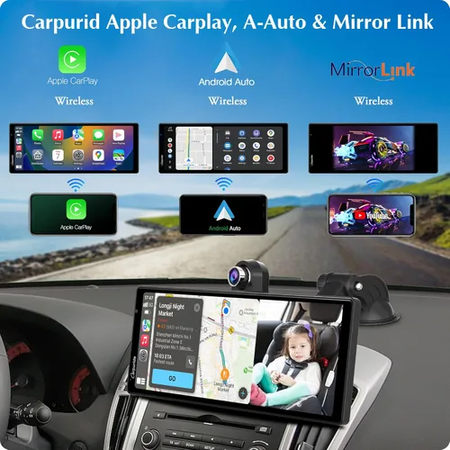 Miniatura 2 de Carpuride W903 Carplay inalámbrico y Android Auto con cámara de salpicadero, pantalla táctil HD IPS de 9.3 pulgadas para automóvil, cámara frontal