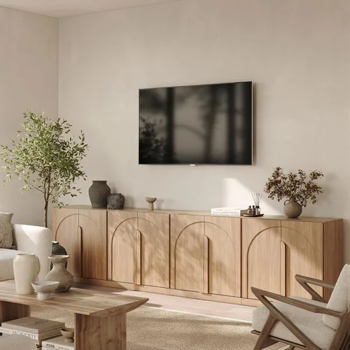 BELLEZE Juego de soporte modular de TV de 4 piezas, centro de entretenimiento moderno con asas anchas de madera, aparadores con estantes ajustables,