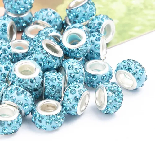 Miniatura 12 de Decoendiy 100 cuentas europeas de diamantes de imitación, cuentas espaciadoras de diamantes de imitación de agujero grande, cuentas planas redondas