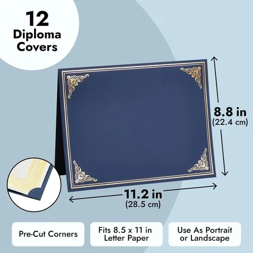 Miniatura 4 de Paquete de 12 titulares de certificados, diploma, cubierta de documentos para certificados de premio de tamaño carta, azul marino, borde dorado