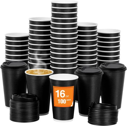 Miniatura 37 de Paquete de 100 tazas de café desechables de pared ondulada corrugada de 16 onzas con tapas y pajitas, tazas aisladas resistentes para bebidas