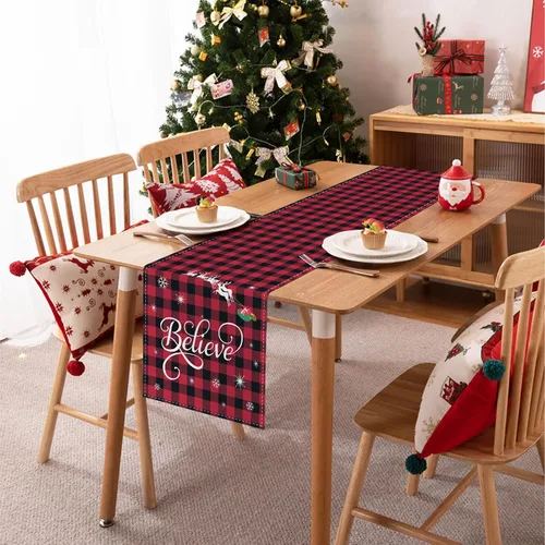 Miniatura 4 de Bonhause Camino de Mesa Navideño a Cuadros Buffalo Rojo y Negro de 13x72 Pulgadas Xmas Believe Trineo Decoración Estacional de Invierno para Mesa