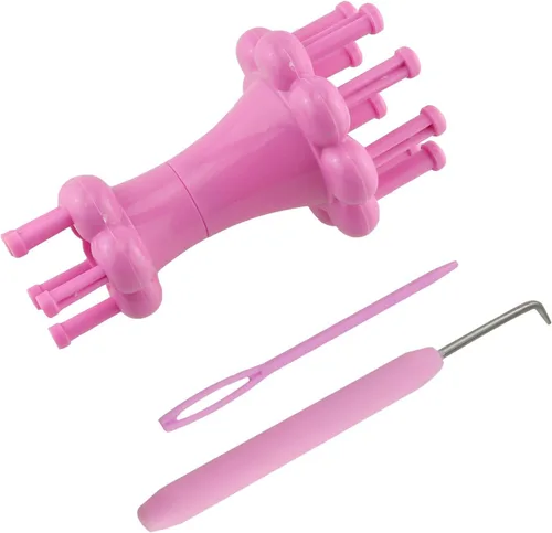 Miniatura 3 de HJ Garden 1 juego de herramientas de tejer de doble cabeza DIY carrete de tejer telar de hilo de tejer gancho de cuerda de lana, rosa