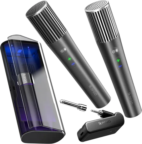 Ikarao Micrófono inalámbrico con receptor de doble canal y estuche de almacenamiento autolimpiante UV, 2 micrófonos dinámicos de mano, batería de 20