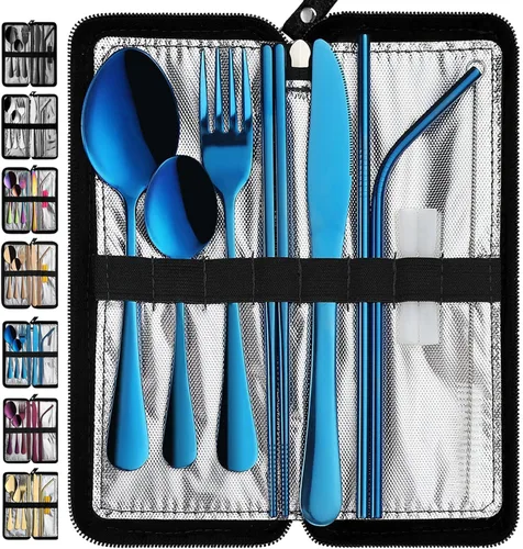 Miniatura 11 de VANDBAO Utensilios de viaje portátiles, cubiertos reutilizables con estuche para fijar vajilla, juego de cubiertos estables de acero inoxidable de 9