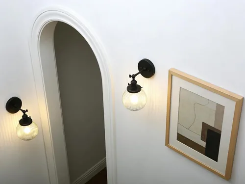Miniatura 9 de PERMO Aplique de Pared Industrial Vintage Negro Mate Aplique de Pared Individual con Pantalla de Vidrio Acanalado Transparente Redonda de 5.9" Luz
