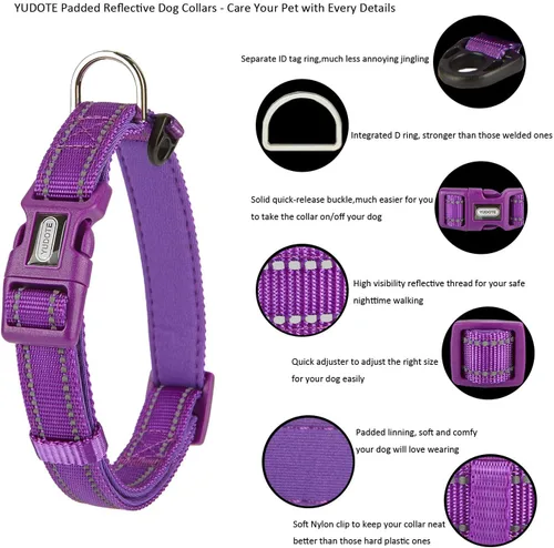 Miniatura 2 de Collar de nailon reflectante para perro con acolchado de neopreno transpirable, ajustable para perros pequeños (9.8 a 15 pulgadas, morado)
