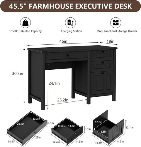 Miniatura 2 de Farmhouse - Escritorio ejecutivo para computadora de 45 pulgadas con 4 cajones, estación de carga inteligente, oficina en casa y sala de estudio