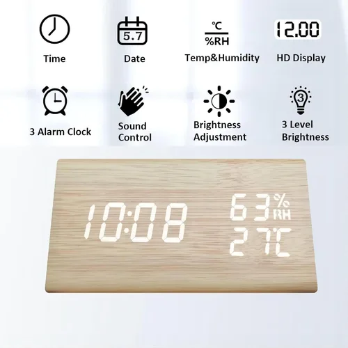 Miniatura 2 de Reloj despertador digital, LED electrónico de madera, pantalla de fecha de hora, detección de temperatura y humedad, 3 ajustes de alarma, brillo
