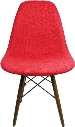 Miniatura 4 de Mid-Century - Silla de comedor lateral tapizada de tela tejida moderna con patas Eiffel de madera de nogal oscuro, juego de 2 (rojo)