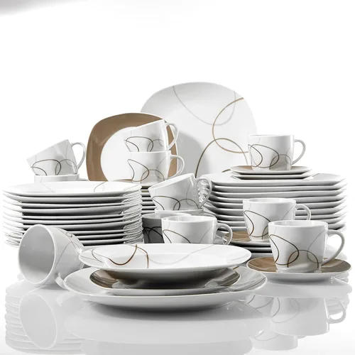 Miniatura 11 de VEWEET, Serie Fiona - Juego de vajilla de 30 piezas para 6 personas, blancos con rayas negras y grises, vajilla de porcelana de platos de postre
