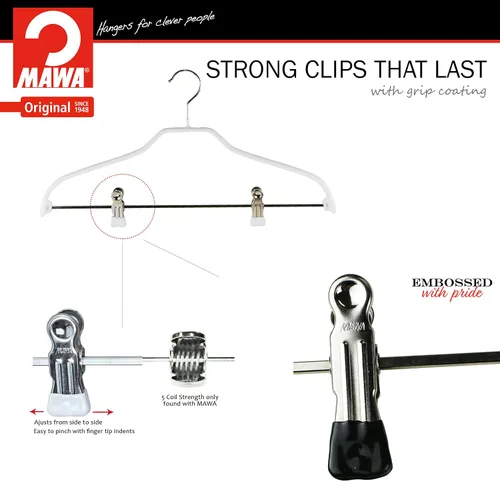 Miniatura 2 de Mawa by Reston Lloyd Silhouette Series - Percha antideslizante para ahorrar espacio con clips para pantalones, estilo 40/FK, juego de 5, color blanco