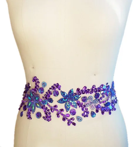 Miniatura 2 de Parches de cristal brillante hechos a mano puro de 3.9 x 16.5 in con diamantes de imitación para coser, apliques con piedras y cuentas de Morado