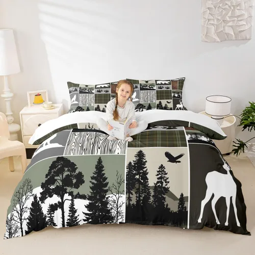 Miniatura 30 de Juego de funda de edredón para niños de ciervo, oso, lobo, tamaño individual, juego de ropa de cama de cabaña de aventura para niños, niñas